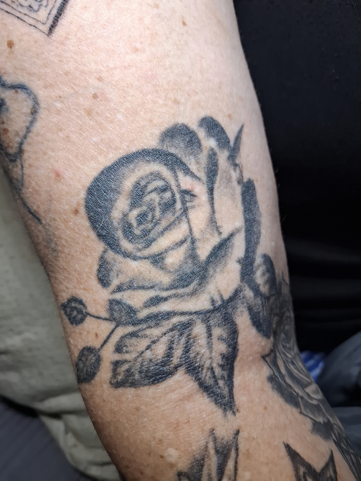 Black & gray rose arm tattoo