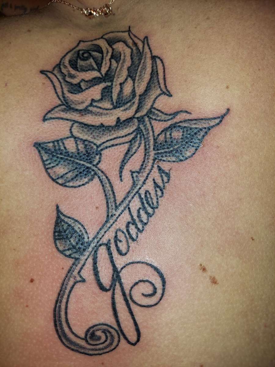 Black & gray rose with Goddess script