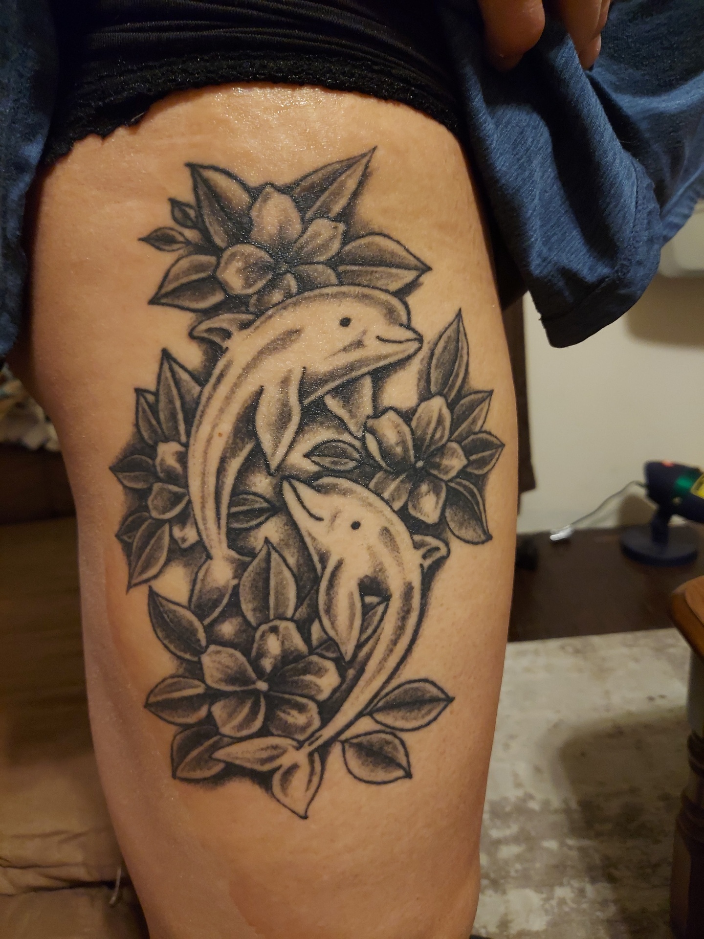 Black & gray dolphins with florals — thigh piece