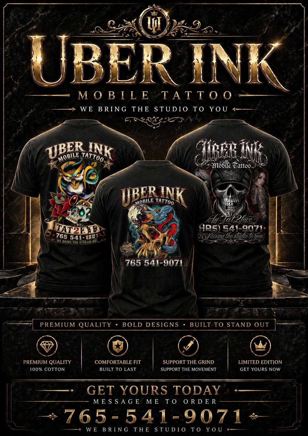Uber Ink Mobile Tattoo — premium merch line featuring three shirt designs