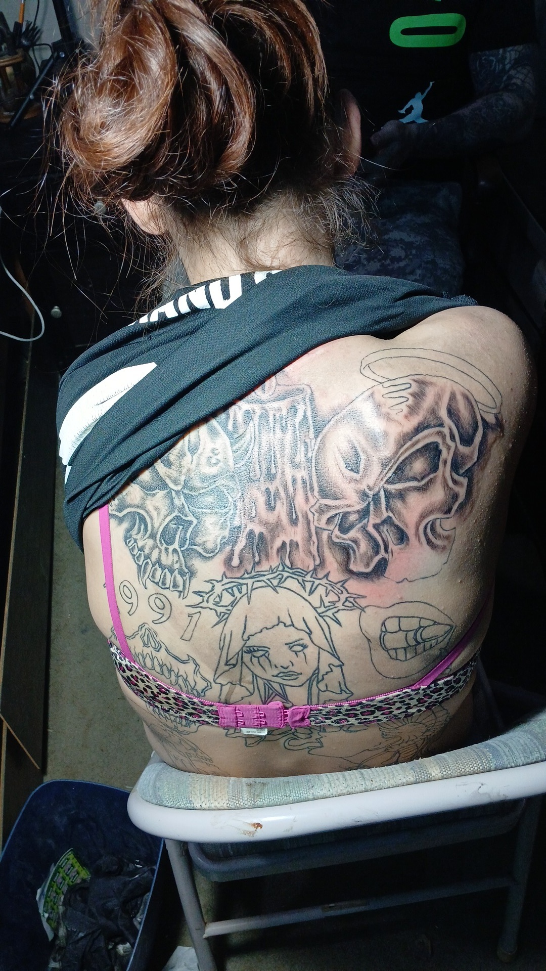 Skulls and portrait back piece in progress