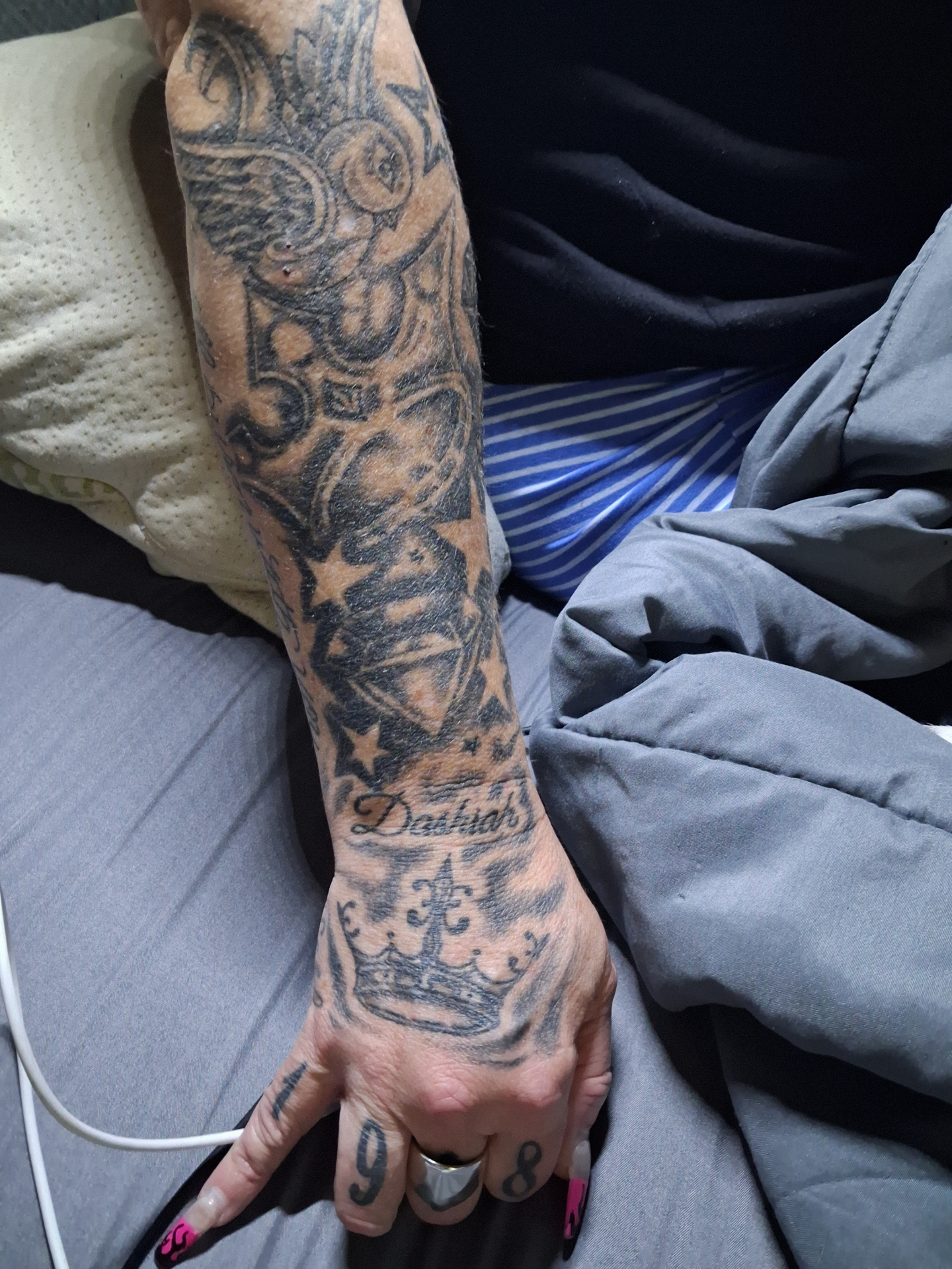 Dashiah name script sleeve with crown hand tattoo